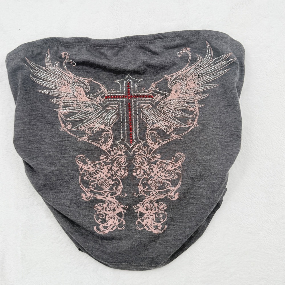 Romwe Tube Top Womens Medium Gray Excellent Rhinestone Cross Angel Wing Y2K